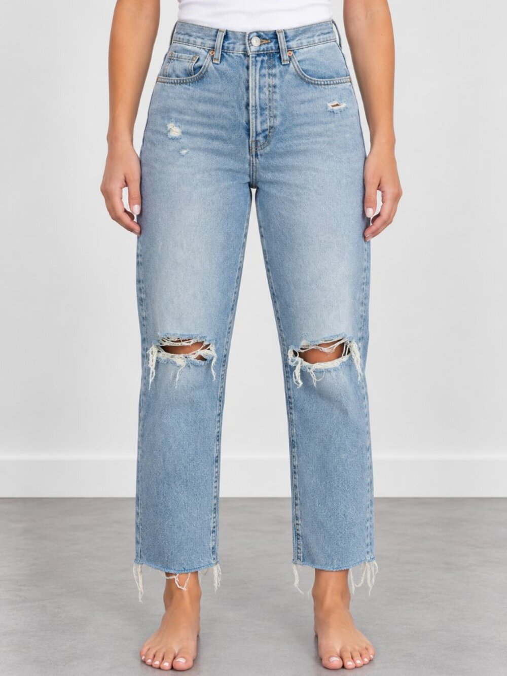 pacsun high waisted dad jeans size 29 light wash distressed ripped raw hem